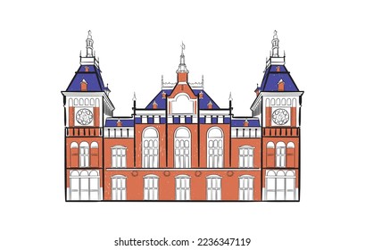 Amsterdam Central Train Station Netherlands | Line art Vector Illustration