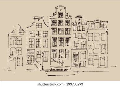 Amsterdam, , city architecture, vintage engraved illustration, hand drawn