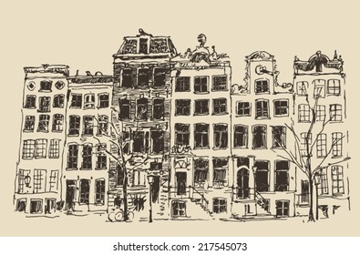 Amsterdam, city architecture, vintage engraved illustration, hand drawn, sketch