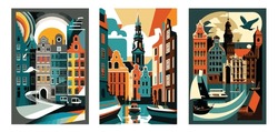 Amsterdam City Collage Vibrant And Colorful Illustration Of Iconic Landmarks And Scenic Canals. Minimalist Illustration Vector Art