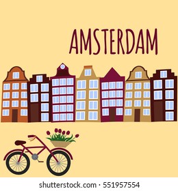 Amsterdam city flat art. Travel landmark, architecture of netherlands, Holland houses, european building isolated set, bike and flowers