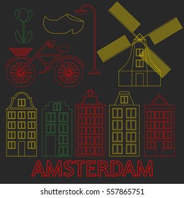 Amsterdam city flat line art. Travel landmark, architecture of netherlands, Holland houses, european building isolated set, nightlife neon light.