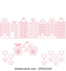 Amsterdam city flat line art. Travel landmark, architecture of netherlands, Holland houses, european building isolated set, bike and flowers.