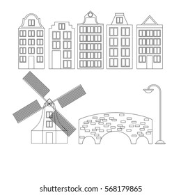 Amsterdam city flat line art. Travel landmark, architecture of netherlands, Holland houses, european building isolated set, windmill, bridge and lamp.