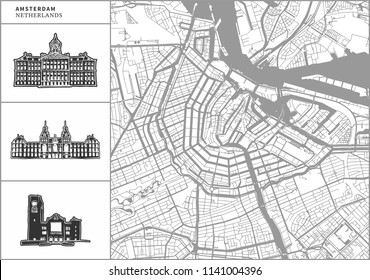 Amsterdam city map with hand-drawn architecture icons. All drawigns, map and background separated for easy color change. Easy repositioning in vector version.