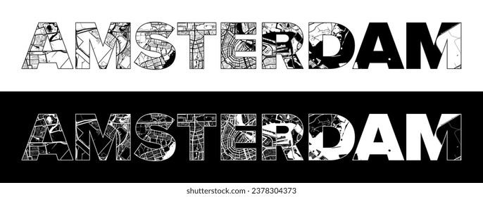 Amsterdam City Name (Netherlands, Europe) with black white city map illustration vector