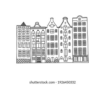 Amsterdam city outline. Сity houses. Vector doodle drawing.