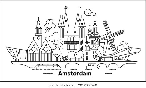 Amsterdam City Outline Skyline in minimal style. Vector cityscape with Amsterdam famous landmarks. Windmill, church, film museum, technology museum.