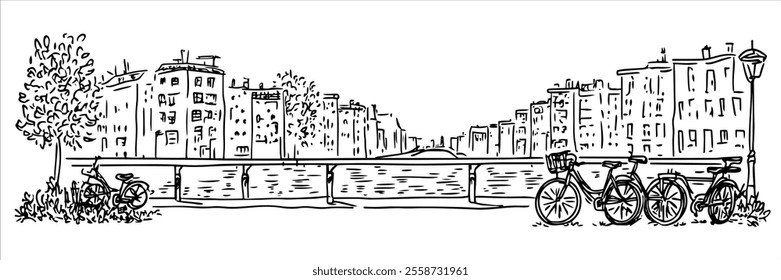 Amsterdam city panorama hand drawing doodle hatching vector sketch