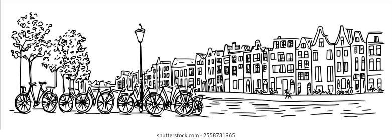 Amsterdam city panorama hand drawing doodle hatching vector sketch