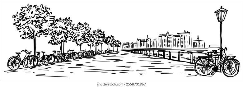 Amsterdam city panorama hand drawing doodle hatching vector sketch