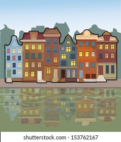 Amsterdam city with reflections in a canal, vector illustration