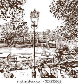 Amsterdam city sketch hand drawn, vector illustration