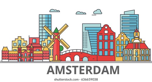 Amsterdam city skyline. Buildings, streets, silhouette, architecture, landscape, panorama, landmarks. Editable strokes. Flat design line vector illustration concept. Isolated icons on white background