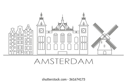 Amsterdam city skyline design. Amsterdam outline silhouette and typographic design. The Netherlands symbol. Vector illustration.