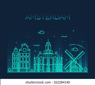 Amsterdam City skyline detailed silhouette. Trendy vector illustration, line art style.