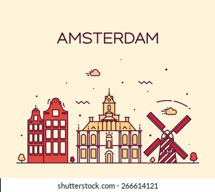 Amsterdam City skyline detailed silhouette. Trendy vector illustration, line art style.