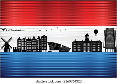 Amsterdam city skyline with flag of Netherlands on background - illustration