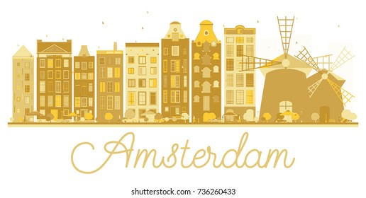 Amsterdam City skyline golden silhouette. Vector illustration. Business travel concept. Amsterdam Cityscape with landmarks.