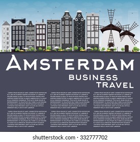Amsterdam city skyline with grey buildings, blue sky and copy space. Vector illustration. Business travel and tourism concept with place for text. Image for presentation, banner, placard and web site.