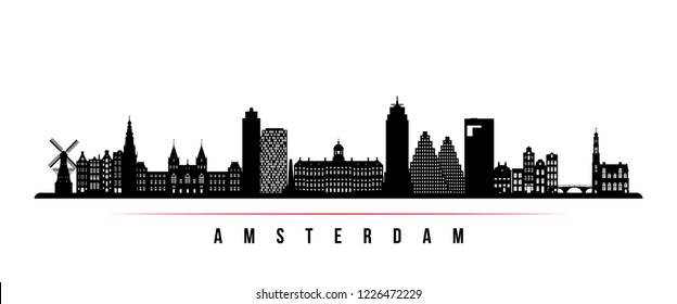 Amsterdam City Skyline horizontaler Banner. Schwarz-Weiß-Silhouette von Amsterdam Stadt, Niederlande. Vektorvorlage für Ihr Design.