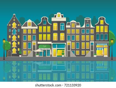 Amsterdam city street with reflections of houses in the water at night. Detailed vector illustration.
