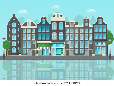 Amsterdam city street with reflections of houses in the water. Vector illustration