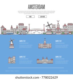 Amsterdam city travel vacation guide with most important architectural attractions in linear style. Amsterdam skyline with famous landmarks. Netherlands traveling, european journey vector concept