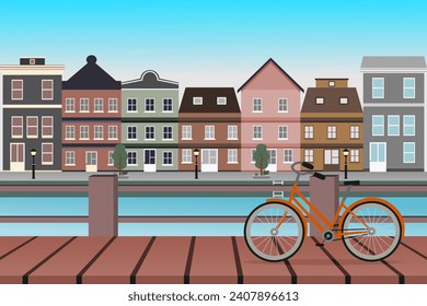 Amsterdam cityscape with ancient houses, water canals, bridge, and bicycles. Vector illustration.