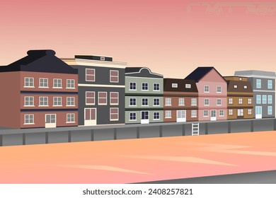 Amsterdam cityscape with ancient houses and water canals at sunset. Vector illustration.