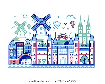 Amsterdam cityscape with art museum, dutch canal houses, traditional holland wind mills and tulips. Europe medieval Old town skyline. Netherlands capital panorama in line art design.