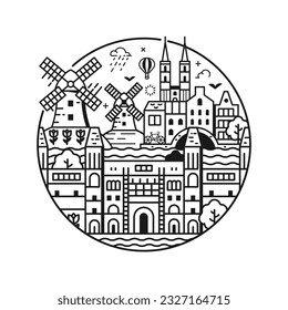 Amsterdam cityscape emblem with art museum, dutch canal houses, traditional holland wind mills and tulips. Europe medieval Old town skyline. Netherlands capital circle print in line art design.