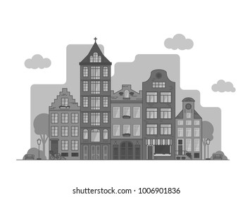 Amsterdam cityscape. Old houses with church and cafe. Flat vector illustration, black and white. 