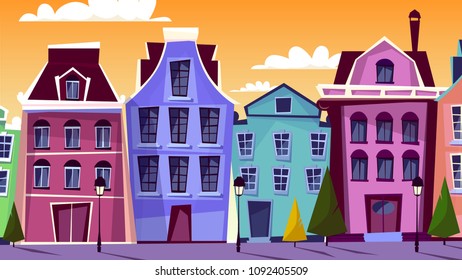 Amsterdam cityscape vector illustration. Cartoon Amsterdam streets and traditional old houses for Dutch or Netherlands famous architecture landmarks