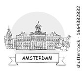Amsterdam Cityscape Vector Sign. Line Art Illustration with Ribbon and Title.