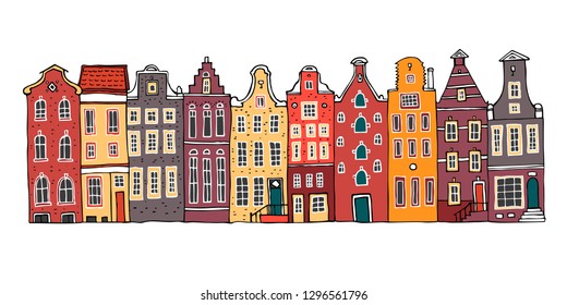 Amsterdam colorful vector sketch hand drawn illustration. Cartoon outline houses facades in a row isolated on white background