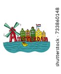 Amsterdam colourful city view. Hand drawn illustration. Postcard.