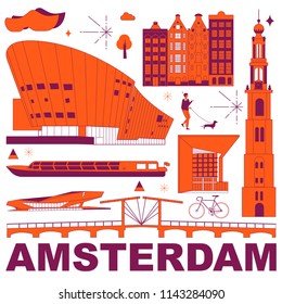 Amsterdam culture travel set, famous architectures and specialties in flat design. Business travel and tourism concept clipart. Image for presentation, banner, website, advert, flyer, roadmap, icons