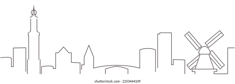 Die dunkle Linie von Amsterdam, einfache, minimalistische Skyline mit weißem Hintergrund