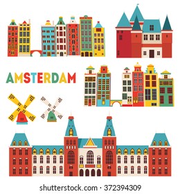 Amsterdam detailed famous monuments. Vector illustration