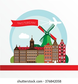 Amsterdam, detailed silhouette. Trendy vector illustration, flat style. Stylish colorful  landmarks. The concept for a web banner. Windmill - The symbol of Amsterdam, Netherlands.