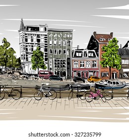 Amsterdam hand drawn, city sketch, Netherlands. Vector illustration