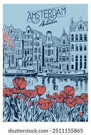 Amsterdam hand drawn vector illustration, Amsterdam cityscape with tulip, Canals with boats, travel Netherland graphic print for t shirt, bag, poster