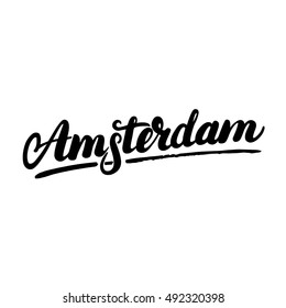 Amsterdam hand written calligraphy lettering. Typography for tee shirt graphics, poster, card. Isolated on white background. Vector illustration.
