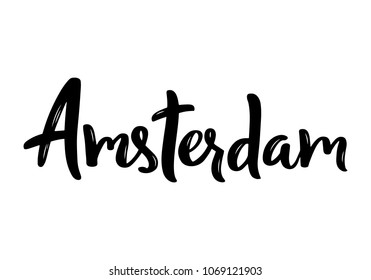Amsterdam hand-lettering calligraphy. Hand drawn brush calligraphy. City lettering design. Vector illustration.