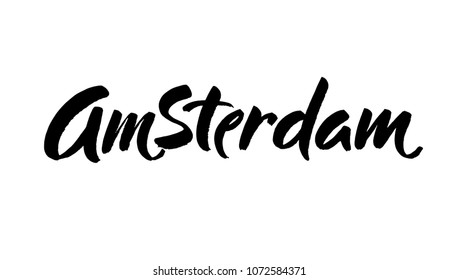Amsterdam hand-lettering calligraphy. Hand drawn brush calligraphy. City lettering design. Vector ink illustration.