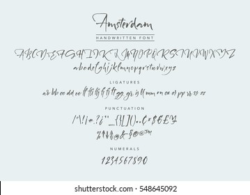 Amsterdam Handwritten script font. Brush font. Uppercase, lowercase, numbers, punctuation and a lot of ligatures