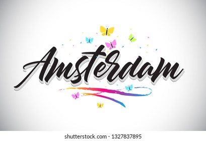 Amsterdam Handwritten Word Text with Butterflies and Colorful Swoosh Vector Illustration Design.