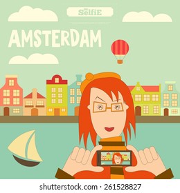 Amsterdam. Holland Card with Colorful Houses and Canal. Selfie Theme.  Vector Illustration.