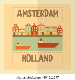 Amsterdam. Holland Card with Colorful Houses, Canal and Boats. Retro Vintage Style. Vector Illustration.